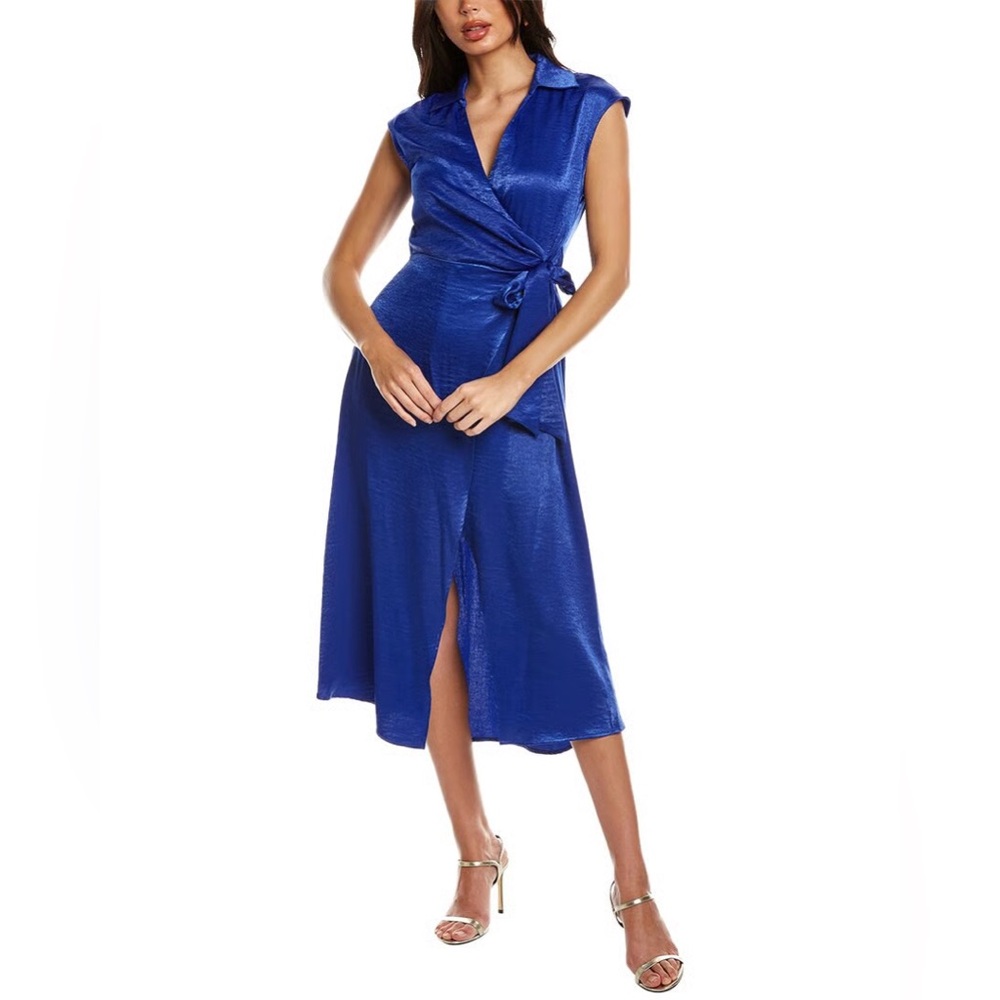 Maison Tara Satin Wrap Royal Blue Midi Dress Size 12